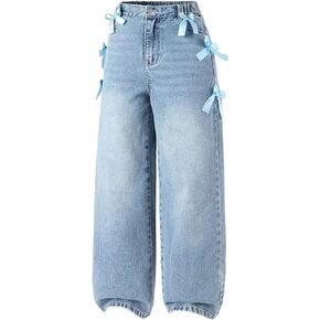 WDIRARA Girl's Cute Bowknot Elastic Waist Jeans High Waisted Straight Leg Denim Pants