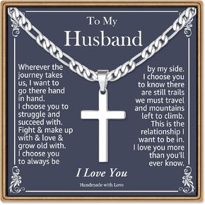 IEFLIFE Fathers Day Necklace Gifts - Cross Necklaces Gifts for Men Him, Silver Figaro Chain Stainless Steel Cross Necklace Jewelry Anniversary Birthday Gift for Dad Husband Son Grandson Gift
