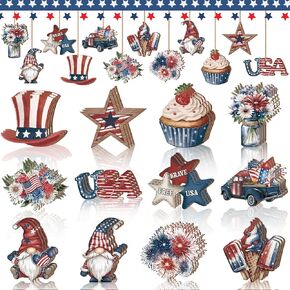 36 Pcs 4th of July Ornaments for Tree Patriotic Wooden American Flag Ornaments Memorial Day Tree Decorations Red White Blue Hanging Decorations for Independence Day Party(Fresh)