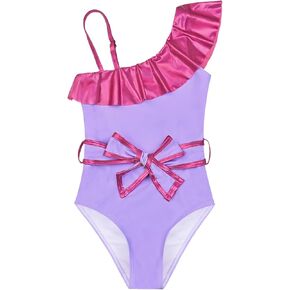 Jxstar Girls One Piece Swimsuit Metallic Ruffle Bathing Suit One Shoulder Swimwear with Decorative Waist Tie & Headband
