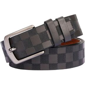Men's Leather Belt, Soft, 1.5 inch Checkered, Pin Buckle, Black and Coffee
