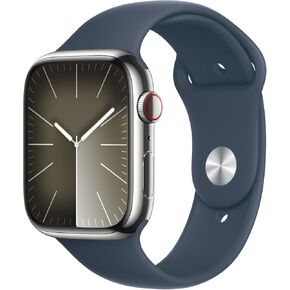 Apple Watch Series 9 [GPS + Cellular, 41mm] - Silver Stainless Steel Case with Storm Blue Sport Band, S/M (Renewed)