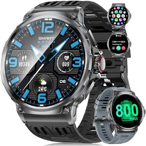 الساعات الذكية العسكرية للرجال ، 1.85 "HD/800MAH بطارية ساعات ذكية لنظام Android iOS (استدعاء Bluetooth الإجابة/المكالمات) مع معدل ضربات القلب/تتبع النوم/الأكسجين الأسود