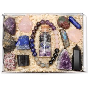 GolbalJew 14 Pcs Crystals and Healing Stones Set for Anxiety, with Bead Bracelet, Tumbled Crystals, Mini Crystals for Spell Jars, Raw Crystals, Natural Crystal Kit Gift for Beginners