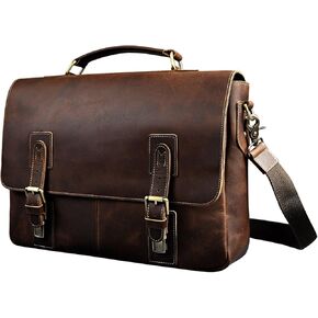 Le'aokuu Leather Mens Business Travel Laptop Case Best Portfolio Briefcase Handles Organizer Shoulder Strap Messenger Bag (Y B1001 A Brown)