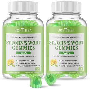 2 Pack St John's Wort Gummies 700mg, Natural Herbal Supplement for Adults & Kids, Support Calm, Relaxation & Brain Health, Vegan, Non-GMO, Gluten Free, Apple Flavor, 120 Count