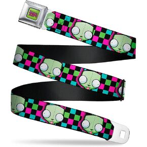Nickelodeon Belt, Seatbelt Buckle Belt, Invader Zim GIR Face Checker Black Multi Neon, Adjustable
