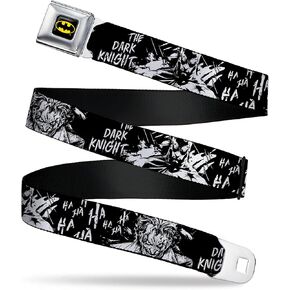 DC Comics Belt, Seatbelt Buckle Belt, Batman The Dark Knight and Joker Smiling Close Up Black, Adjustable