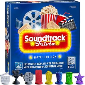 لعبة Soundtrack Trivia Movie، قم بتسمية الفيلم من مقطع موسيقي مدته 15 ثانية، لعبة لوحية للعائلة والبالغين والأطفال من عمر 8 سنوات فما فوق، 1 أو أكثر من اللاعبين من Game Night Media