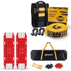 BUNKER INDUST Traction Boards with Jack Base (Gen 11) Red+ 3" x 30ft Tow Strap with Pair 3/4 D Ring Shackles Kit