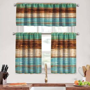 MCALK Blue Kitchen Curtains Tiers and Valances Set 3 Piece for Windows White and Grey Kitchen Window Curtains Set,Modern Abstract Art Valances for Living Room(36" Tiers Set)