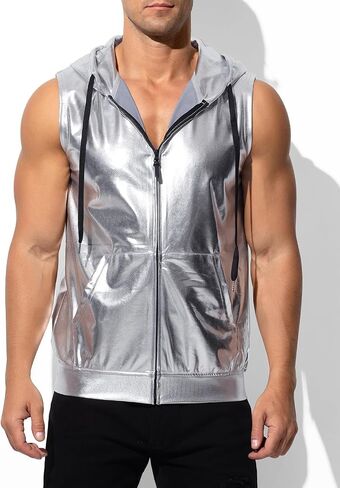 Arjen Kroos Men's Metallic Hoodie Vest Sequin Zip Up Sleeveless Rave Disco Shiny T Shirt with Pockets in Saudi Arabia