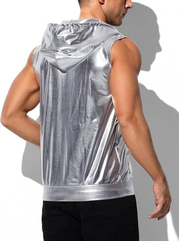 Arjen Kroos Men's Metallic Hoodie Vest Sequin Zip Up Sleeveless Rave Disco Shiny T Shirt with Pockets in Saudi Arabia