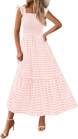 PRETTYGARDEN Womens Summer Dress Casual Square Neck Ruffle Strap Gingham Smocked Midi Flowy A Line Beach Vacation Sun Dresses in Saudi Arabia