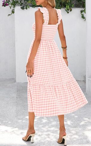 PRETTYGARDEN Womens Summer Dress Casual Square Neck Ruffle Strap Gingham Smocked Midi Flowy A Line Beach Vacation Sun Dresses in Saudi Arabia