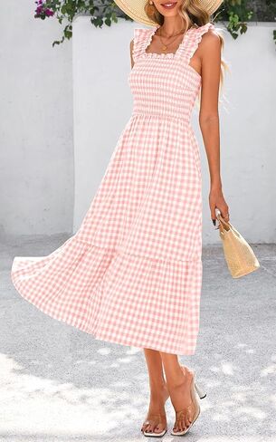 PRETTYGARDEN Womens Summer Dress Casual Square Neck Ruffle Strap Gingham Smocked Midi Flowy A Line Beach Vacation Sun Dresses in Saudi Arabia