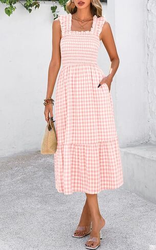 PRETTYGARDEN Womens Summer Dress Casual Square Neck Ruffle Strap Gingham Smocked Midi Flowy A Line Beach Vacation Sun Dresses in Saudi Arabia