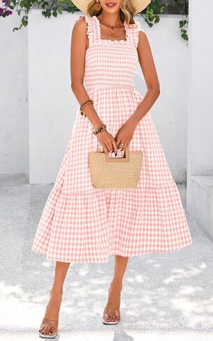 PRETTYGARDEN Womens Summer Dress Casual Square Neck Ruffle Strap Gingham Smocked Midi Flowy A Line Beach Vacation Sun Dresses in Saudi Arabia