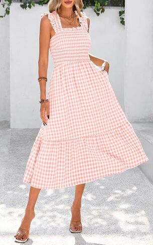 PRETTYGARDEN Womens Summer Dress Casual Square Neck Ruffle Strap Gingham Smocked Midi Flowy A Line Beach Vacation Sun Dresses in Saudi Arabia