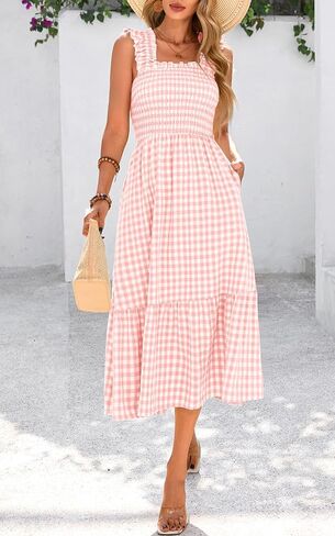 PRETTYGARDEN Womens Summer Dress Casual Square Neck Ruffle Strap Gingham Smocked Midi Flowy A Line Beach Vacation Sun Dresses in Saudi Arabia