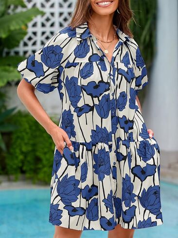 Wenrine Women's Summer Button Down Shirt Dress Floral Puff Short Sleeve Casual Loose Fit Beach Mini Dresses in Saudi Arabia