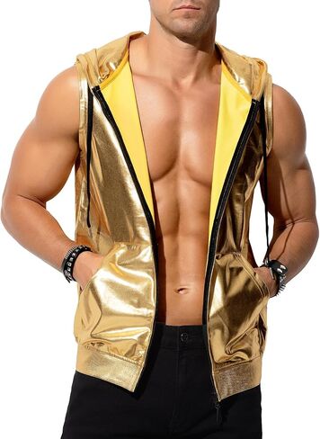 Arjen Kroos Men's Metallic Hoodie Vest Sequin Zip Up Sleeveless Rave Disco Shiny T Shirt with Pockets in Saudi Arabia