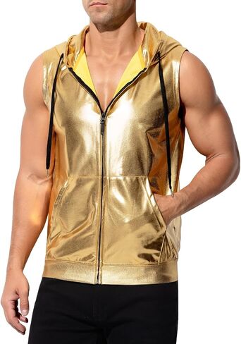 Arjen Kroos Men's Metallic Hoodie Vest Sequin Zip Up Sleeveless Rave Disco Shiny T Shirt with Pockets in Saudi Arabia