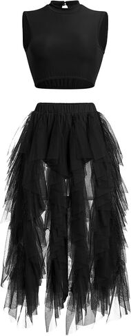 AFAVOM Women Lyrical Dance Costume Contemporary Dancing Dress Up Sleeveless Crop Top + Asymmetrical Leotard Skirt Dancewear in Saudi Arabia