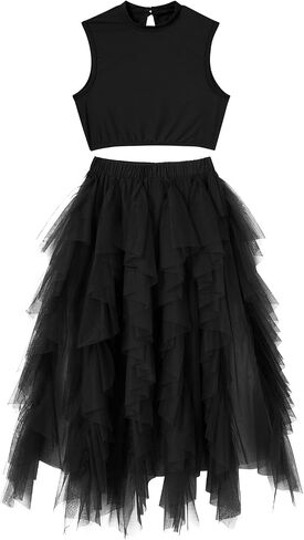 AFAVOM Women Lyrical Dance Costume Contemporary Dancing Dress Up Sleeveless Crop Top + Asymmetrical Leotard Skirt Dancewear in Saudi Arabia