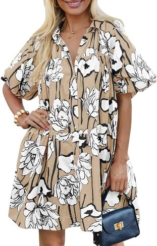 Wenrine Women's Summer Button Down Shirt Dress Floral Puff Short Sleeve Casual Loose Fit Beach Mini Dresses in Saudi Arabia