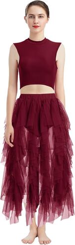 AFAVOM Women Lyrical Dance Costume Contemporary Dancing Dress Up Sleeveless Crop Top + Asymmetrical Leotard Skirt Dancewear in Kuwait