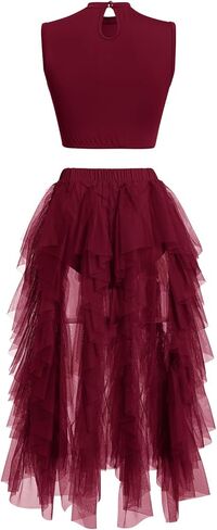 AFAVOM Women Lyrical Dance Costume Contemporary Dancing Dress Up Sleeveless Crop Top + Asymmetrical Leotard Skirt Dancewear in Kuwait