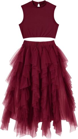 AFAVOM Women Lyrical Dance Costume Contemporary Dancing Dress Up Sleeveless Crop Top + Asymmetrical Leotard Skirt Dancewear in Kuwait