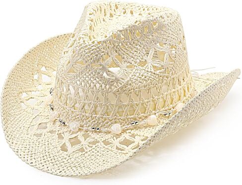 Dreshow Straw Cowboy Cowgirl Hat للنساء الرجال الغربيين قبعة شاطئ رعاة البقر الساحلية مع حافة للجنسين المطل على القبعات in Kuwait