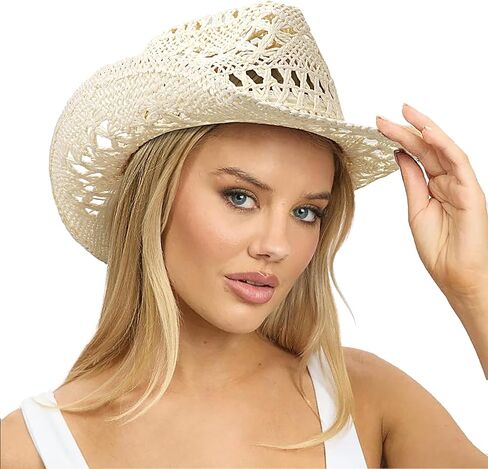 Dreshow Straw Cowboy Cowgirl Hat للنساء الرجال الغربيين قبعة شاطئ رعاة البقر الساحلية مع حافة للجنسين المطل على القبعات in Kuwait