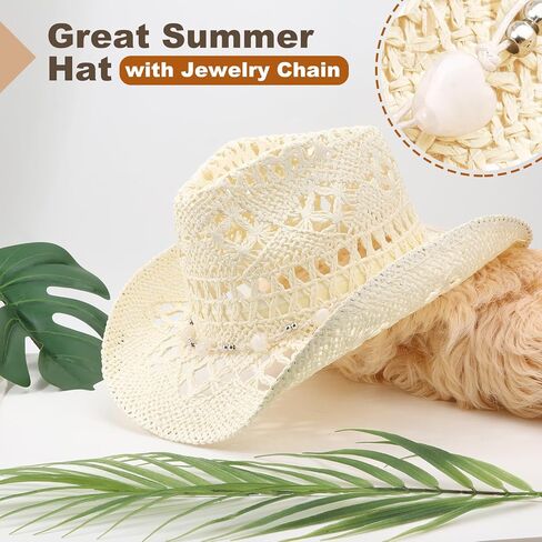 Dreshow Straw Cowboy Cowgirl Hat للنساء الرجال الغربيين قبعة شاطئ رعاة البقر الساحلية مع حافة للجنسين المطل على القبعات in Kuwait