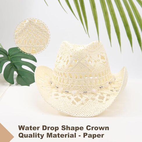 Dreshow Straw Cowboy Cowgirl Hat للنساء الرجال الغربيين قبعة شاطئ رعاة البقر الساحلية مع حافة للجنسين المطل على القبعات in Kuwait