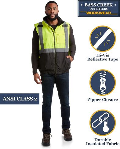 Bass Creek Outfitters Men's Safety Vest - High Visibility Workwear Insulated Construction Vest with Reflective Tape (M-XXL) in Kuwait