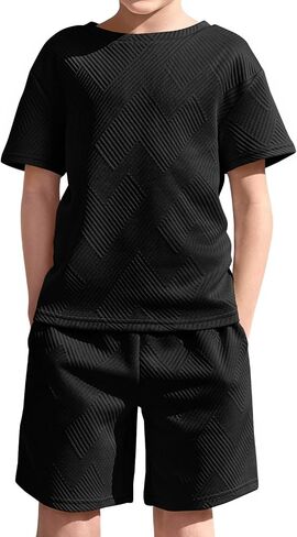 Haloumoning Boys 2 Piece Summer Outfits Short Sleeve Tshirts and Elastic Waist Shorts Casual Texture Sets in Saudi Arabia