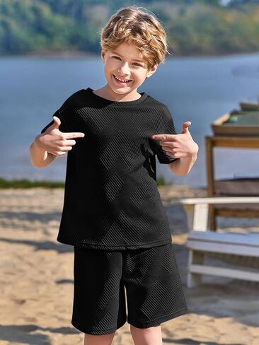 Haloumoning Boys 2 Piece Summer Outfits Short Sleeve Tshirts and Elastic Waist Shorts Casual Texture Sets in Saudi Arabia