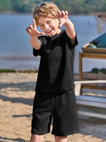 Haloumoning Boys 2 Piece Summer Outfits Short Sleeve Tshirts and Elastic Waist Shorts Casual Texture Sets in Saudi Arabia