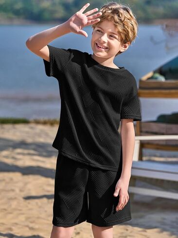Haloumoning Boys 2 Piece Summer Outfits Short Sleeve Tshirts and Elastic Waist Shorts Casual Texture Sets in Saudi Arabia