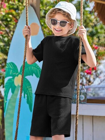 Haloumoning Boys 2 Piece Summer Outfits Short Sleeve Tshirts and Elastic Waist Shorts Casual Texture Sets in Saudi Arabia