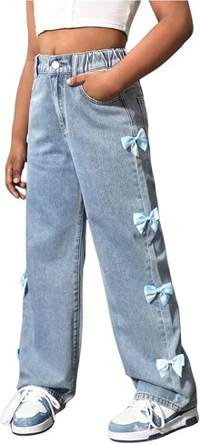 WDIRARA Girl's Cute Bowknot Elastic Waist Jeans High Waisted Straight Leg Denim Pants in Kuwait