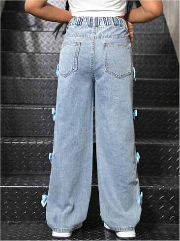 WDIRARA Girl's Cute Bowknot Elastic Waist Jeans High Waisted Straight Leg Denim Pants in Kuwait