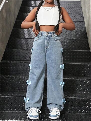 WDIRARA Girl's Cute Bowknot Elastic Waist Jeans High Waisted Straight Leg Denim Pants in Kuwait