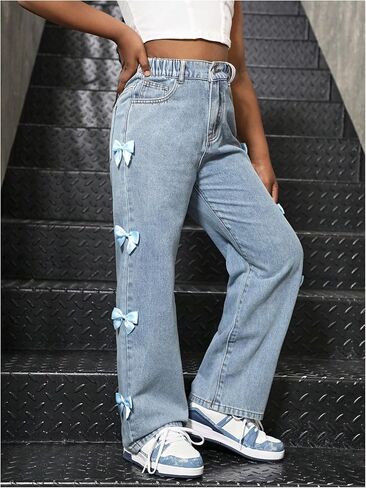 WDIRARA Girl's Cute Bowknot Elastic Waist Jeans High Waisted Straight Leg Denim Pants in Kuwait