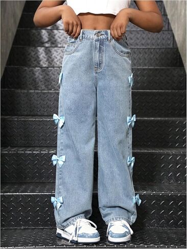 WDIRARA Girl's Cute Bowknot Elastic Waist Jeans High Waisted Straight Leg Denim Pants in Kuwait