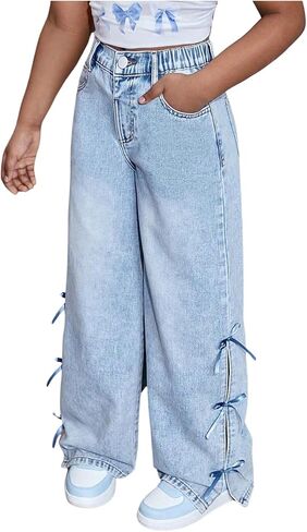 WDIRARA Girl's Cute Bowknot Elastic Waist Jeans High Waisted Straight Leg Denim Pants in Kuwait