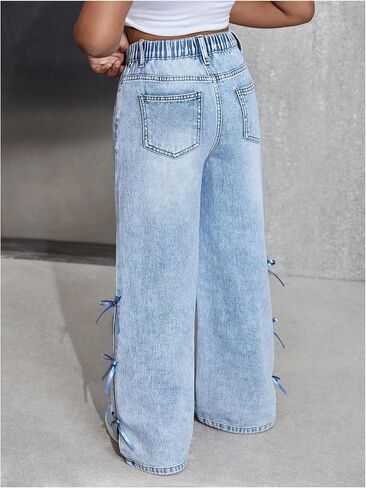 WDIRARA Girl's Cute Bowknot Elastic Waist Jeans High Waisted Straight Leg Denim Pants in Kuwait